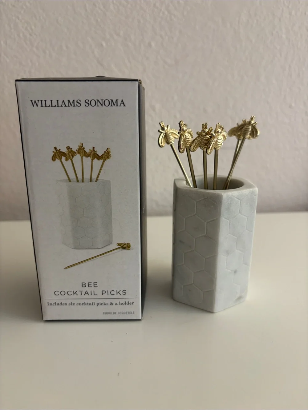 Williams Sonoma Gold Bee Cocktail Picks with White Hexagonal Holder